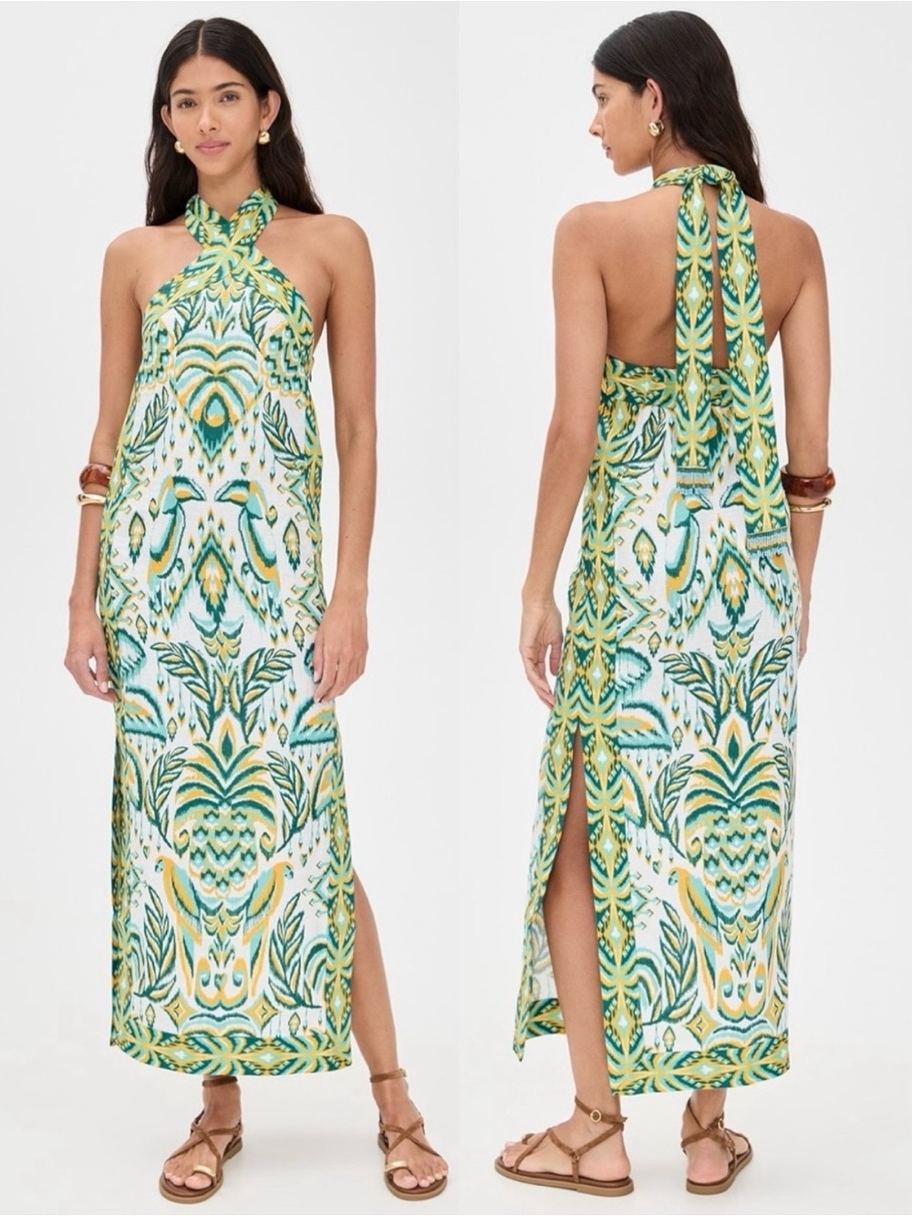 Farm Rio Tropical Tapestry Euroflax Premium Linen Maxi Dress Off White Womens XL - Picture 11 of 16
